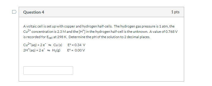 Solved Question 4 1 pts A voltaic cell is set up with copper | Chegg.com