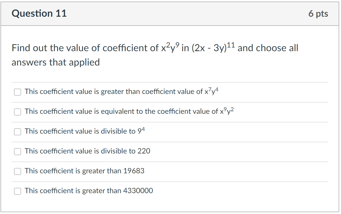 Solved Question 11 6 pts Find out the value of coefficient | Chegg.com