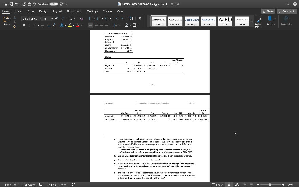 5 ** AutoSave ONE- MGSC 1206 Fall 2020 Assignment 3 — | Chegg.com