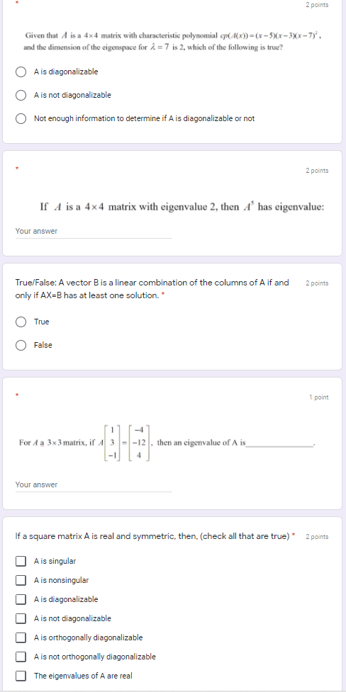 Solved 2 points Given that A is a 4x4 matrix with | Chegg.com