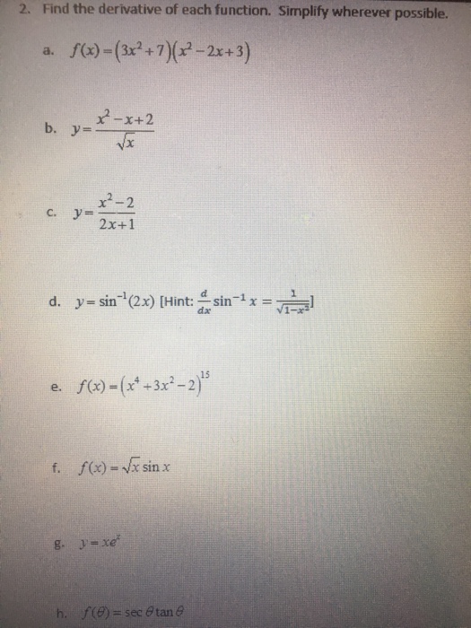 Solved Find the derivative of each function. Simplify | Chegg.com