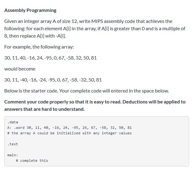 Assembly Programming Given an integer array A of size