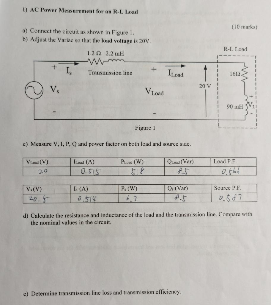 Solved 1) AC Power Measurement for an R-L Load (10 marks) a) | Chegg.com