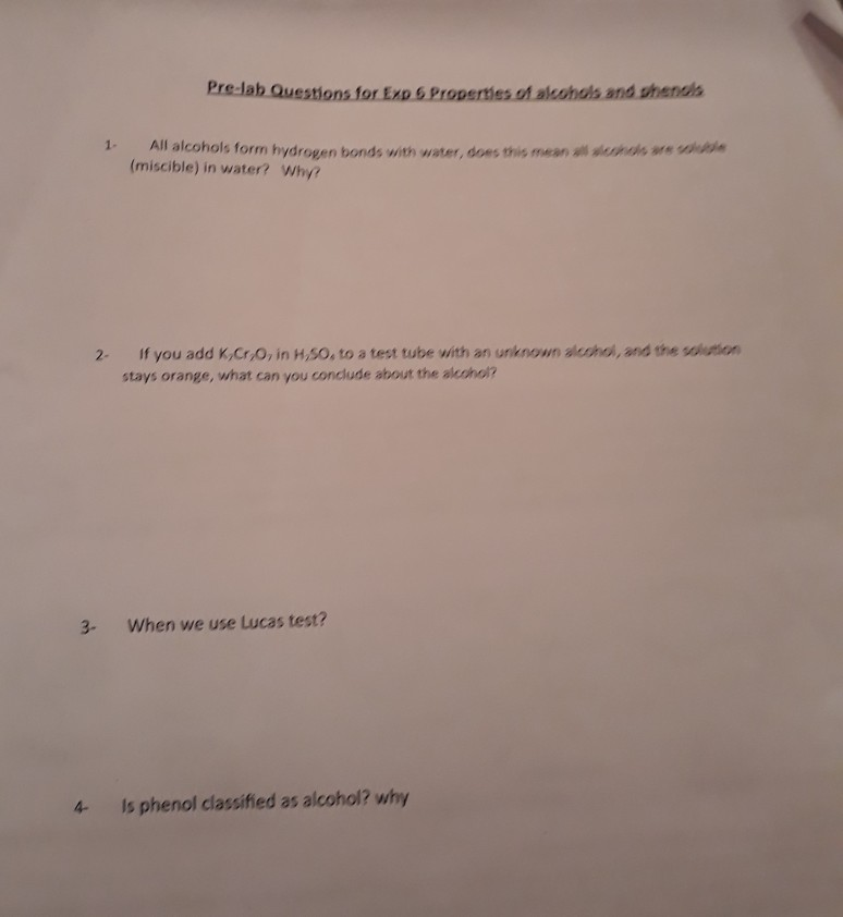 Solved Prelab Questions for Exp 6 Properties of alcohols