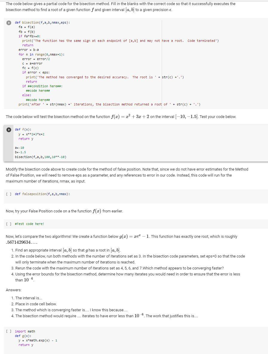 Solved The code below gives a partial code for the bisection | Chegg.com