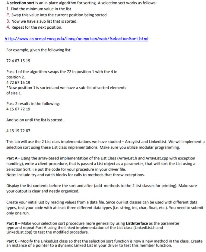 A selection sort is an in place algorithm for | Chegg.com