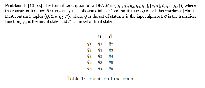 Solved Problem 1. [10 Pts] The Formal Description Of A DFA M | Chegg.com