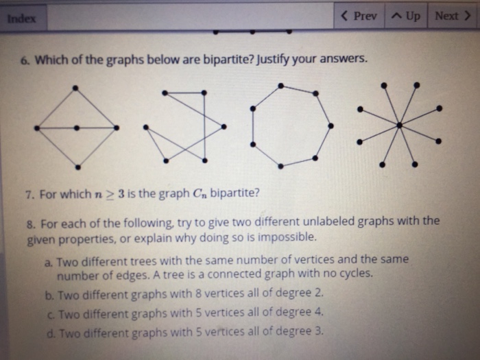 Solved Which of the graphs below are bipartite? Justify your | Chegg.com