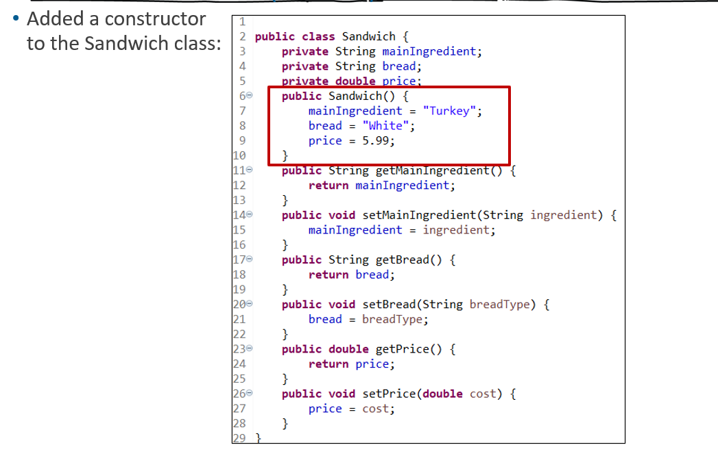 Modify Sandwich.java to create a constructor method | Chegg.com