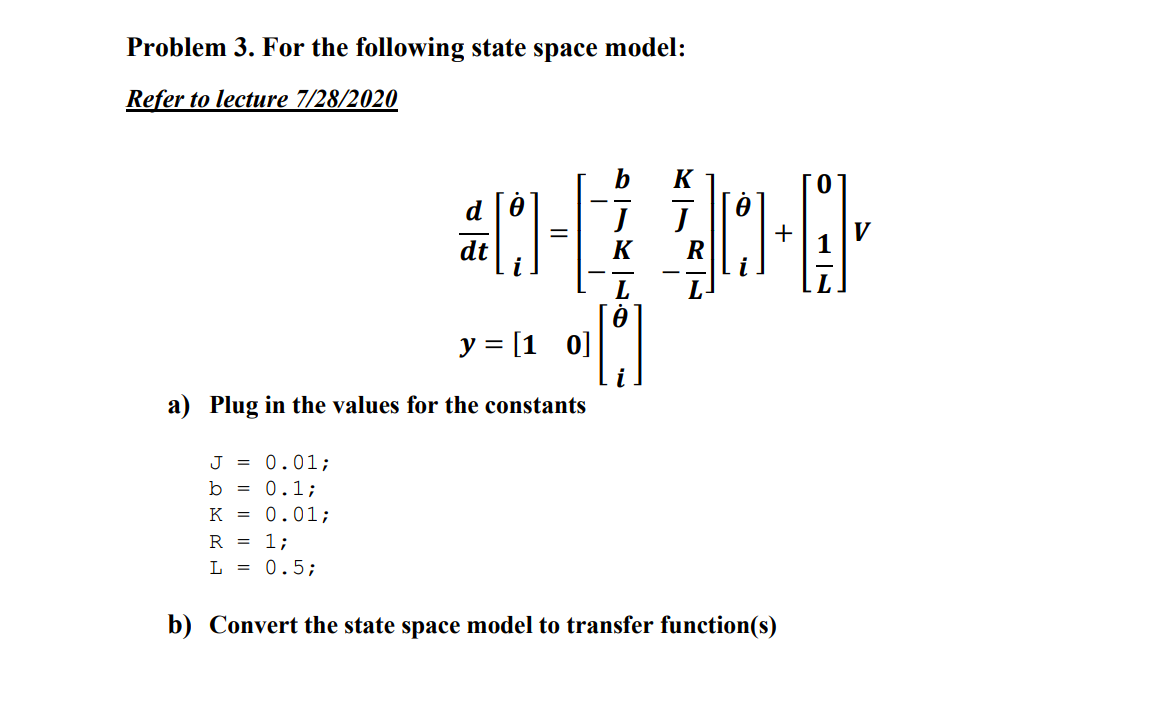 Solved Problem 3. For the following state space model: Refer | Chegg.com