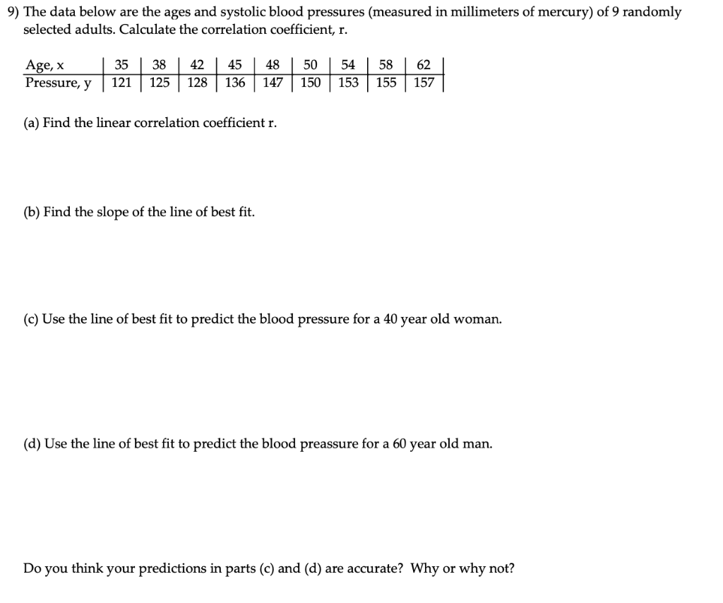 Solved 9) The data below are the ages and systolic blood | Chegg.com