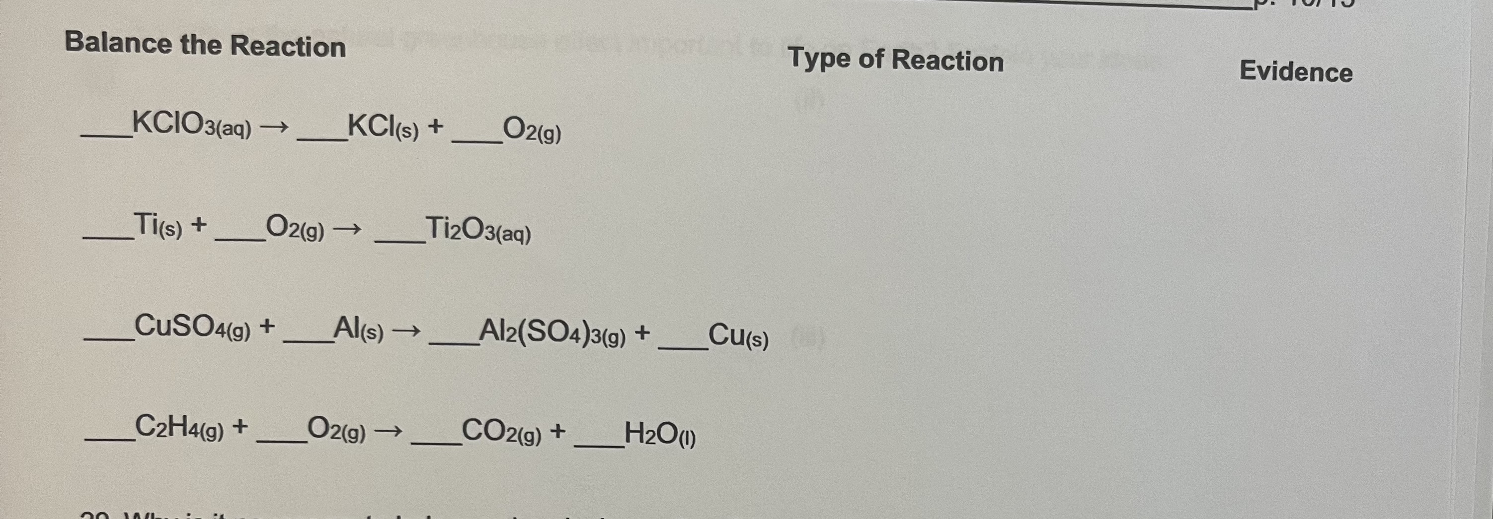 Solved Balance the Reaction Type of Reaction Evidence Chegg