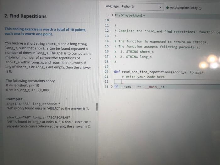Solved 2. Find Repetitions This coding exercise is worth a | Chegg.com