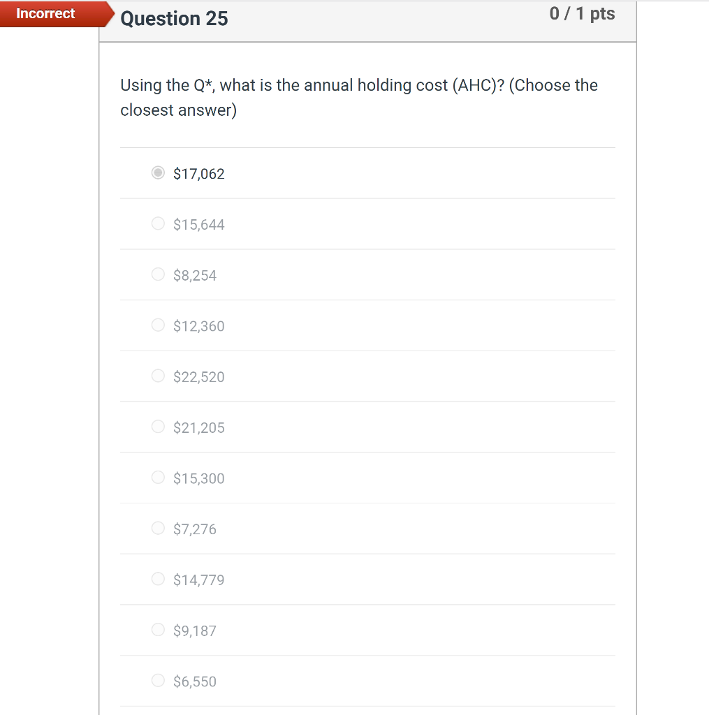 Using the \( Q^{*} \), what is the annual holding cost \( (\mathrm{AHC}) \) ? (Choose the closest answer)
\( \$ 17,062 \)
\( 