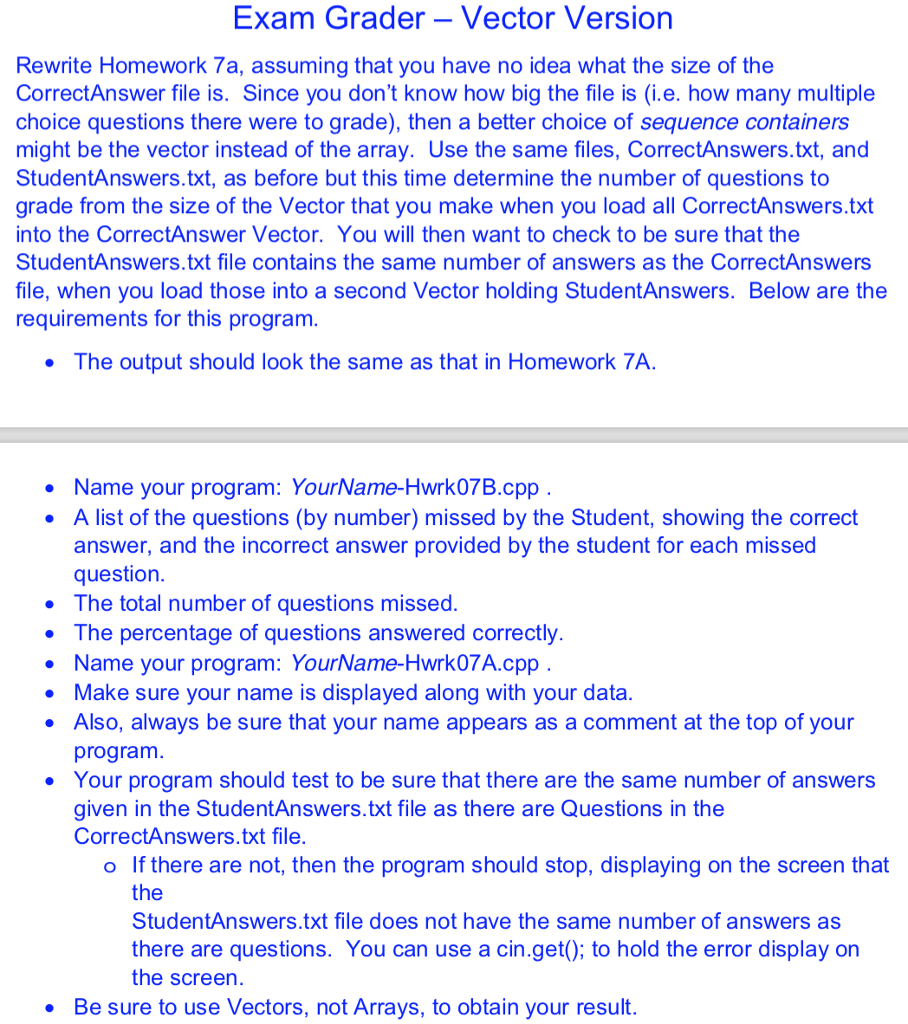 Solved Exam Grader- Vector Version Rewrite Homework 7a, | Chegg.com