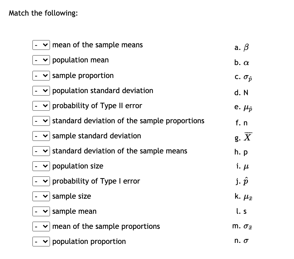 Solved Match The Following V Mean Of The Sample Means A B Chegg Com