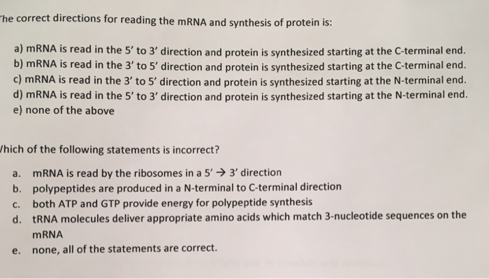Solved he correct directions for reading the mRNA and | Chegg.com