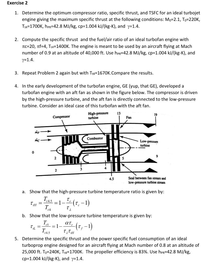 Exercise 2
1. Determine the optimum compressor ratio, specific thrust, and TSFC for an ideal turbojet
engine giving the maxim