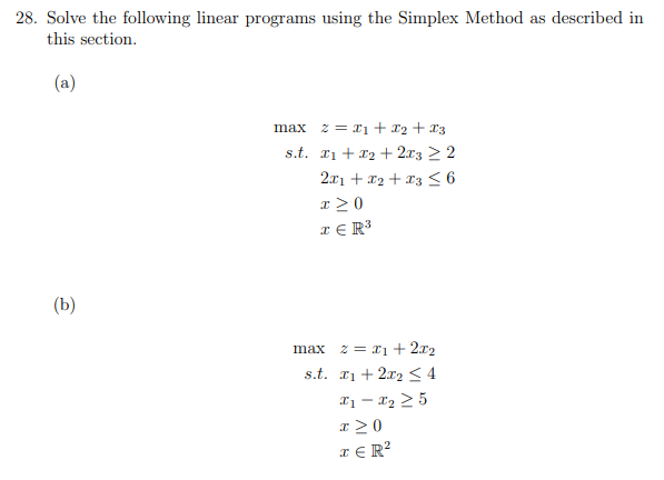 Solved 28. Solve the following linear programs using the | Chegg.com