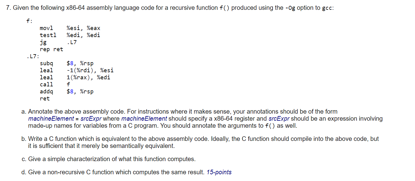 7. Given the following x86-64 assembly language code | Chegg.com
