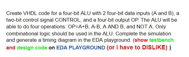 Solved Create VHDL code for a four-bit ALU with 2 four-bit | Chegg.com