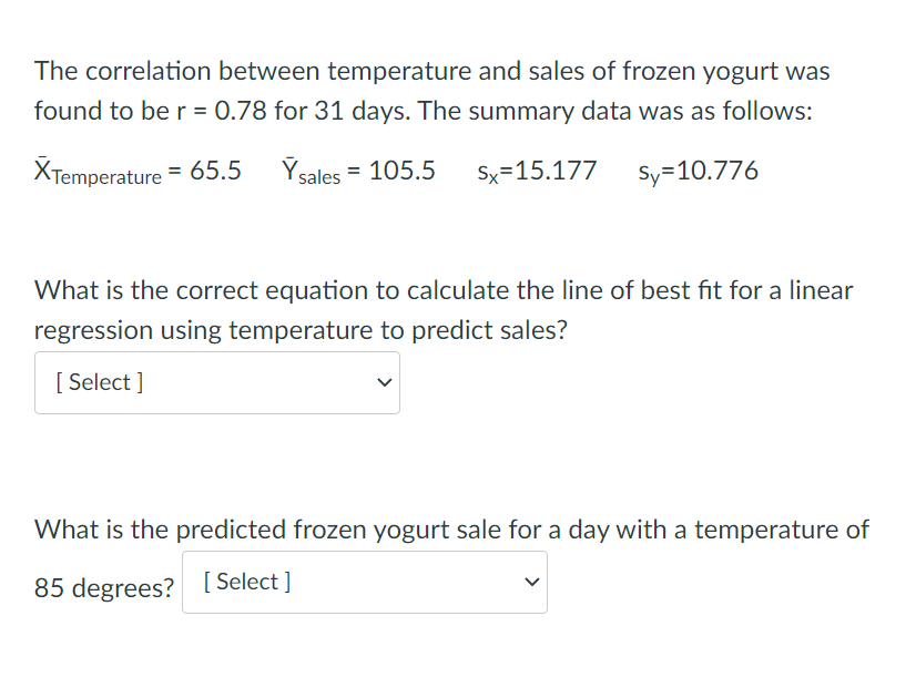 Solved The correlation between temperature and sales of | Chegg.com