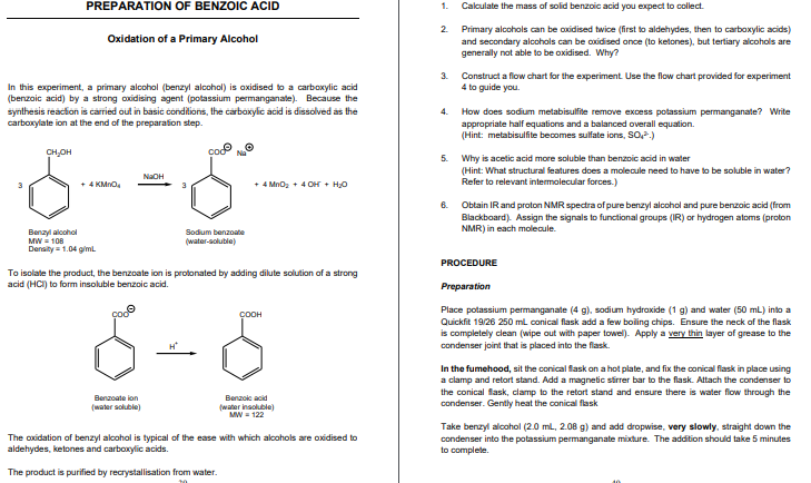 Solved Preparation Of Benzoic Acid Oxidation Of A Primary