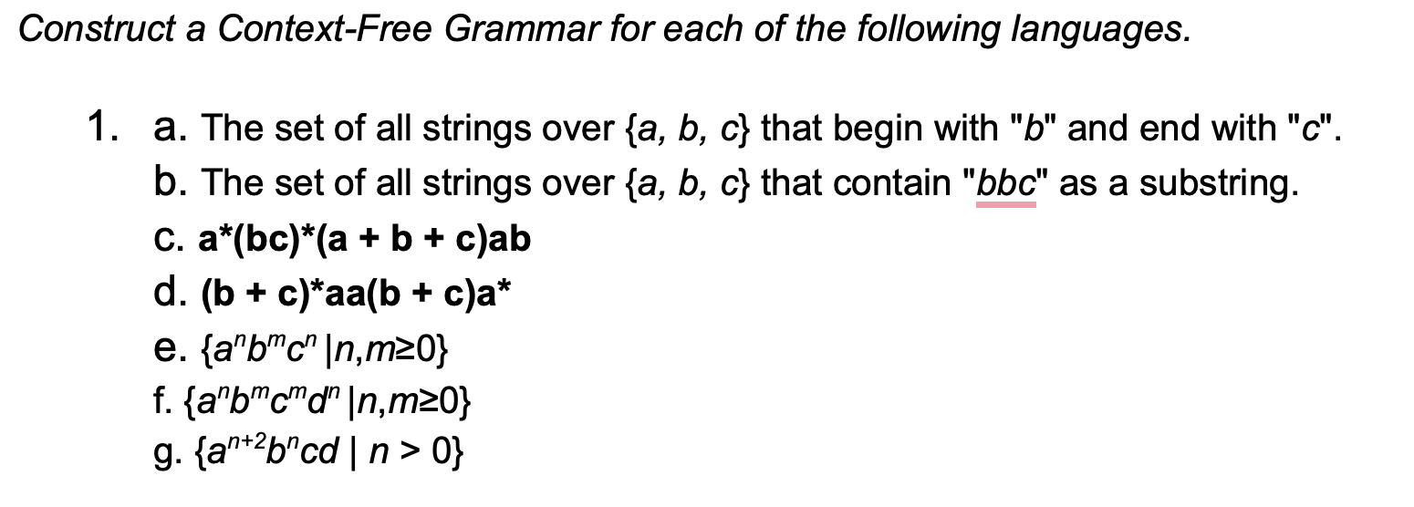 Construct A Context-Free Grammar For Each Of The | Chegg.com