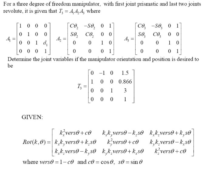 Solved For a three degree of freedom manipulator, with first | Chegg.com