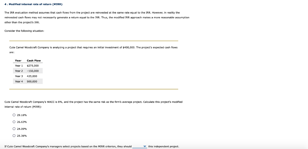 Solved 4. Modified internal rate of return (MIRR) The IRR | Chegg.com