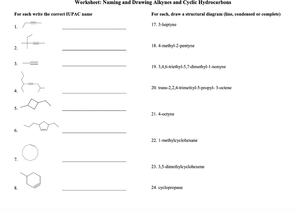 Solved Worksheet Naming and Drawing Alkanes For each alkane