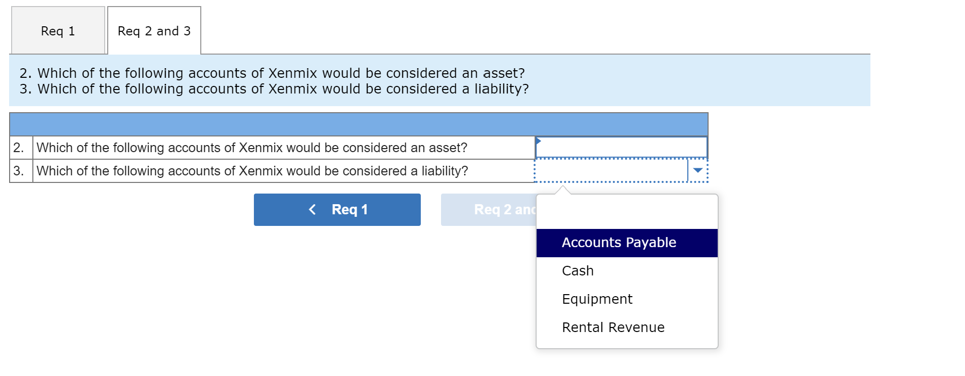 Req 1
Req 2 and 3
2. Which of the following accounts of Xenmix would be considered an asset?
3. Which of the following accoun