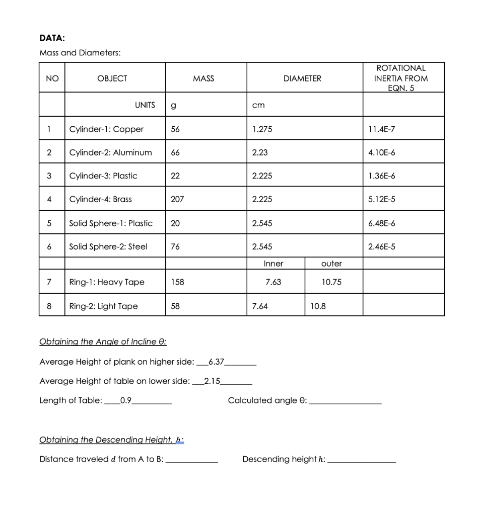 DATA: Mass and Diameters: NO OBJECT MASS DIAMETER | Chegg.com