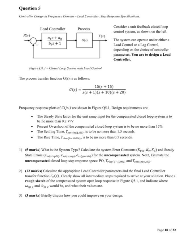 Solved Question 5 Controller Design in Frequency Domain - | Chegg.com