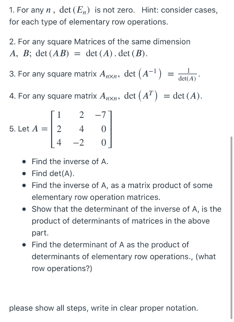 Solved 1. For any n, det (En) is not zero. Hint: consider | Chegg.com