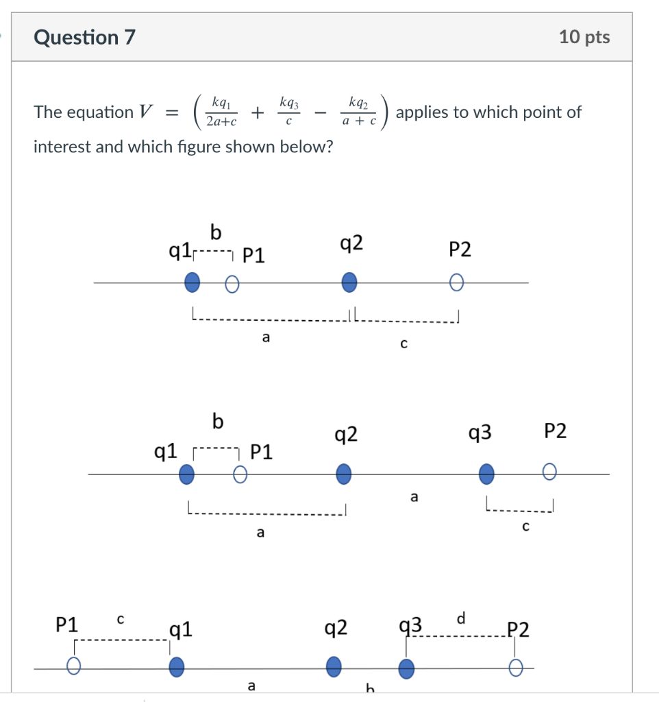 Solved Question 7 10 pts kq3 The equation V = kq1 2a+c + kq2 | Chegg.com