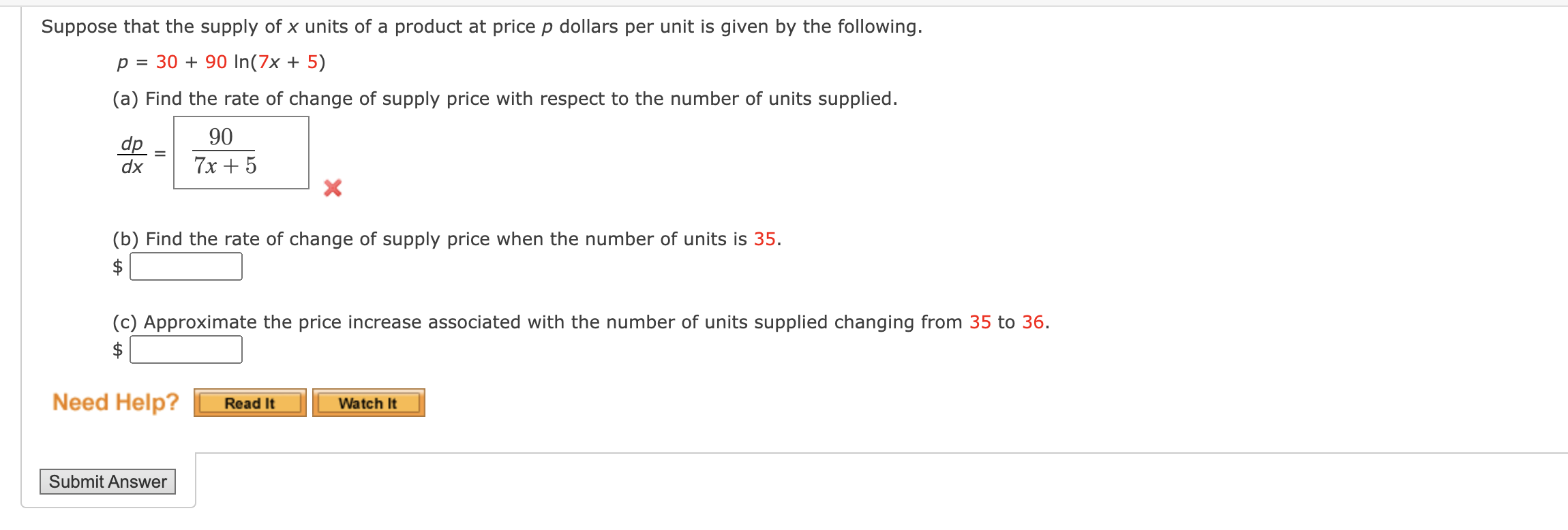 Solved Suppose That The Supply Of X Units Of A Product At | Chegg.com