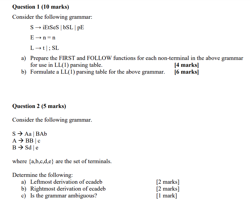 Solved Question 1 (10 Marks) Consider The Following Grammar: | Chegg.com