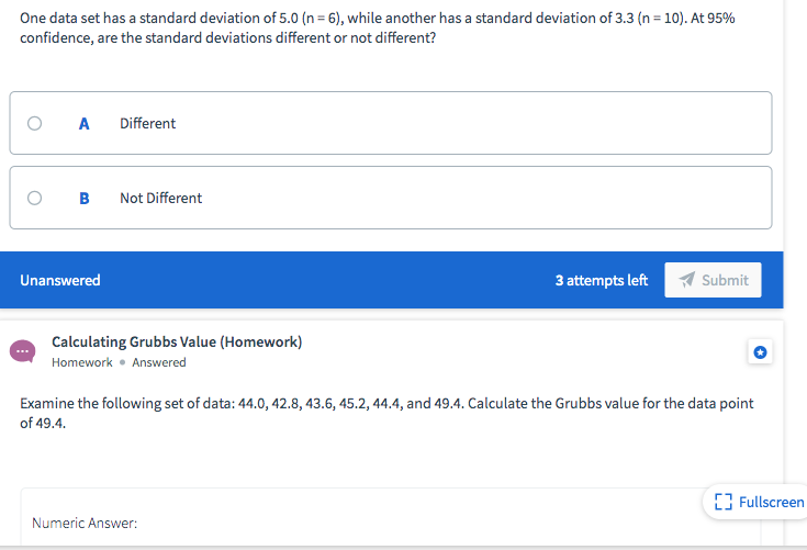Solved One data set has a standard deviation of 5.0 (n=6), | Chegg.com