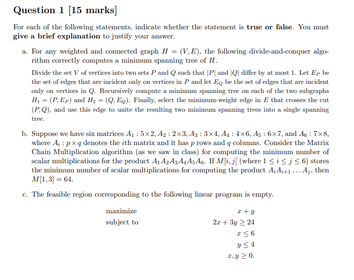 Solved Question 1 (15 marks] For each of the following | Chegg.com