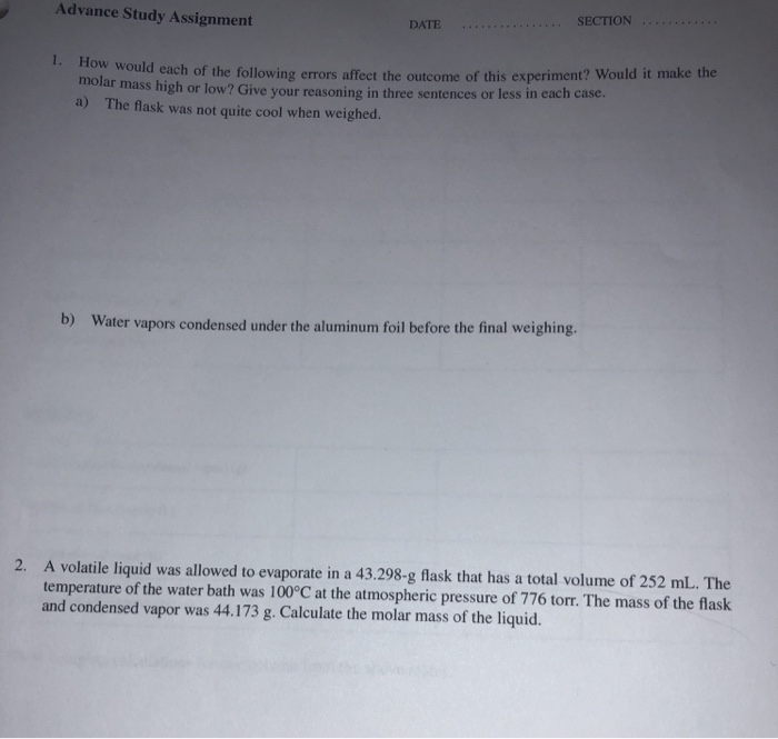 Solved Advance Study Assignment SECTION Would Each Of The | Chegg.com