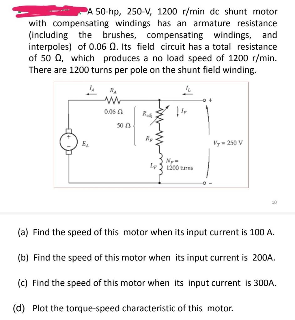 Solved A 50hp, 250V, 1200 r/min dc shunt motor with