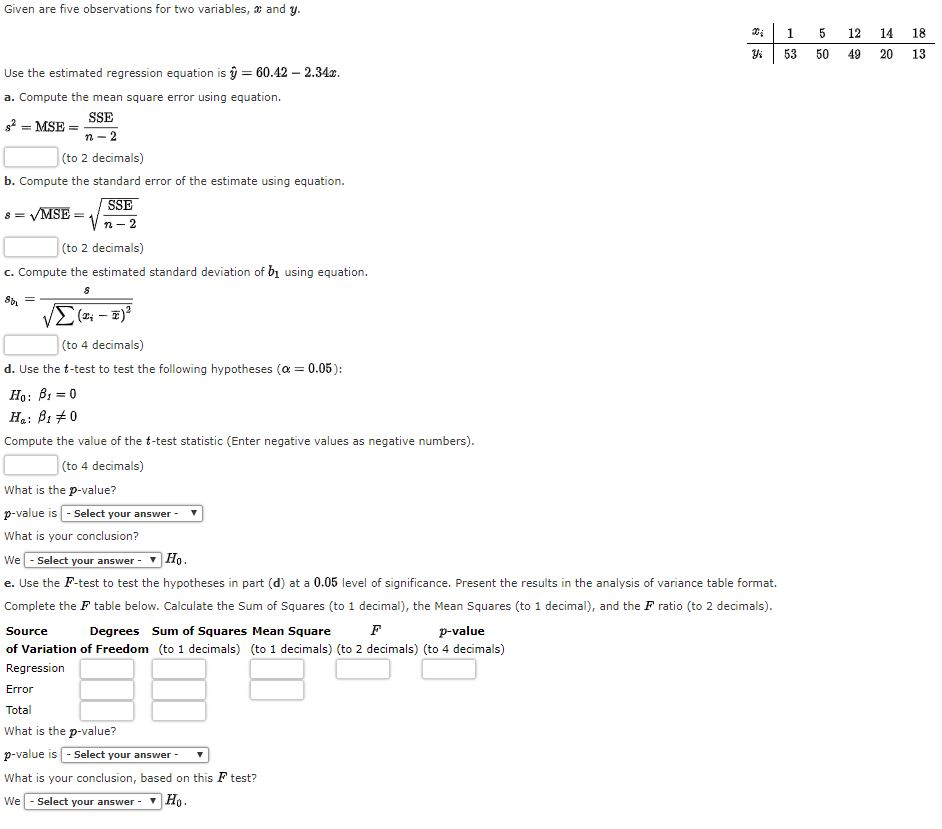 Solved Given are five observations for two variables, and y | Chegg.com