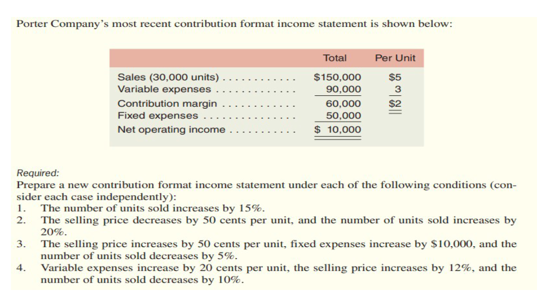 Porter Companys most recent contribution format income statement is shown below:
Required:
Prepare a new contribution format