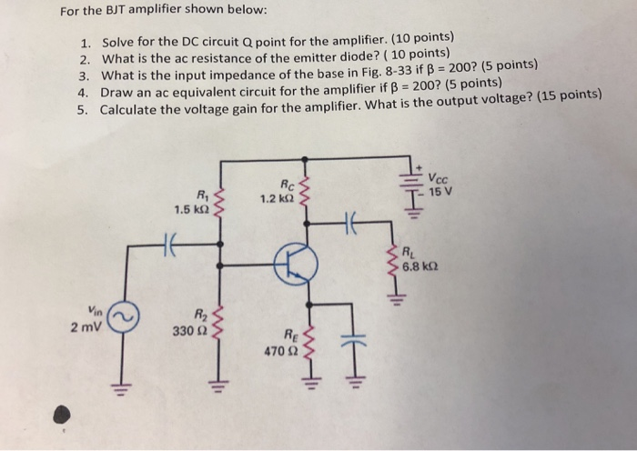 Solved For the BJT amplifier shown below: 1. Solve for the | Chegg.com