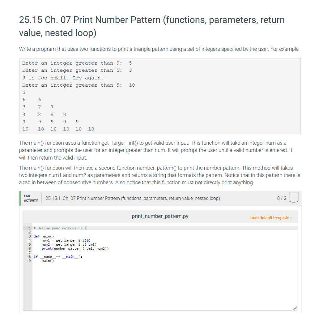 Solved 25.15 Ch. 07 Print Number Pattern (functions, | Chegg.com
