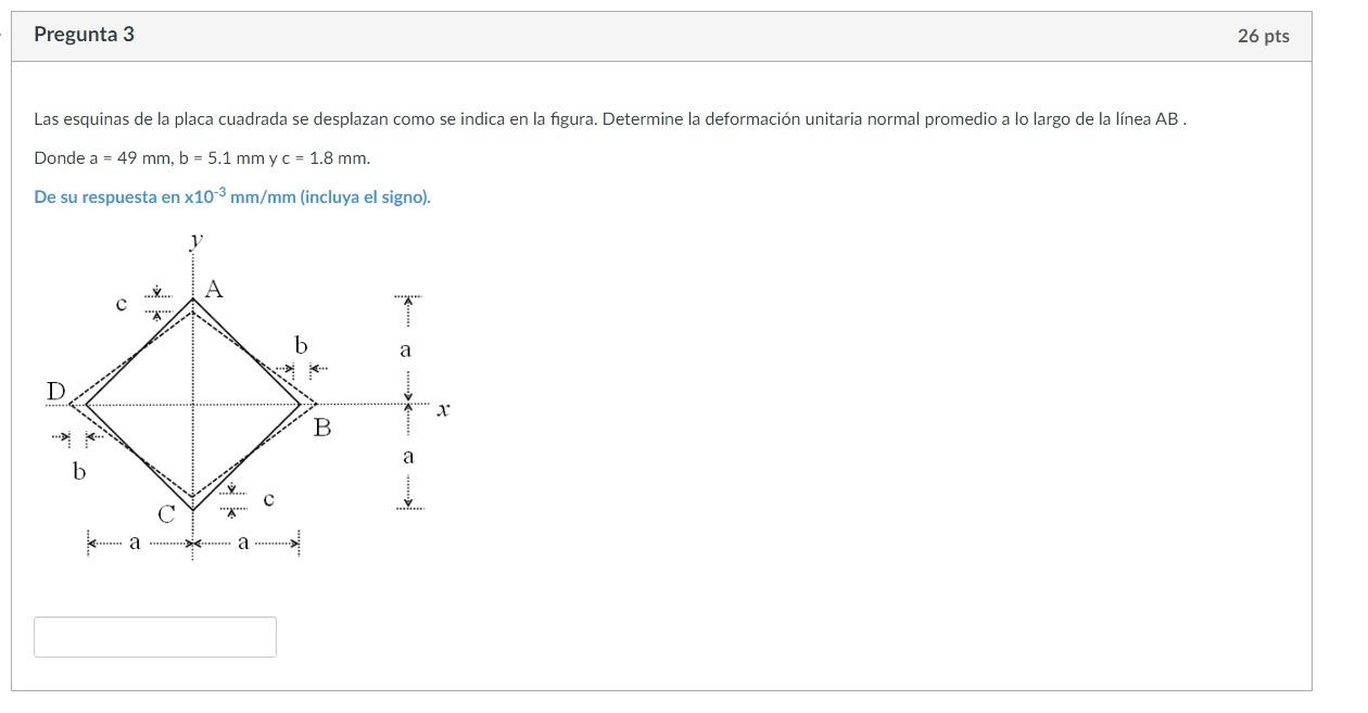 Las esquinas de la placa cuadrada se desplazan como se indica en la figura. Determine la deformación unitaria normal promedio