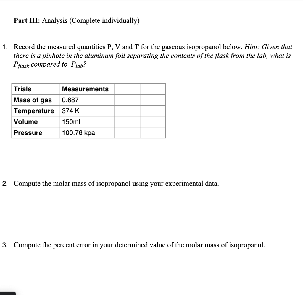 Solved Part III: Analysis (Complete individually) 1. Record | Chegg.com