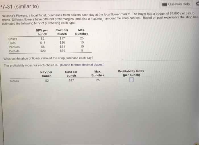 Solved Question Help P731 (similar to) Natasha's Flowers, a