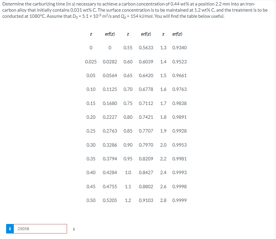 Solved Determine the carburizing time (in s) necessary to | Chegg.com